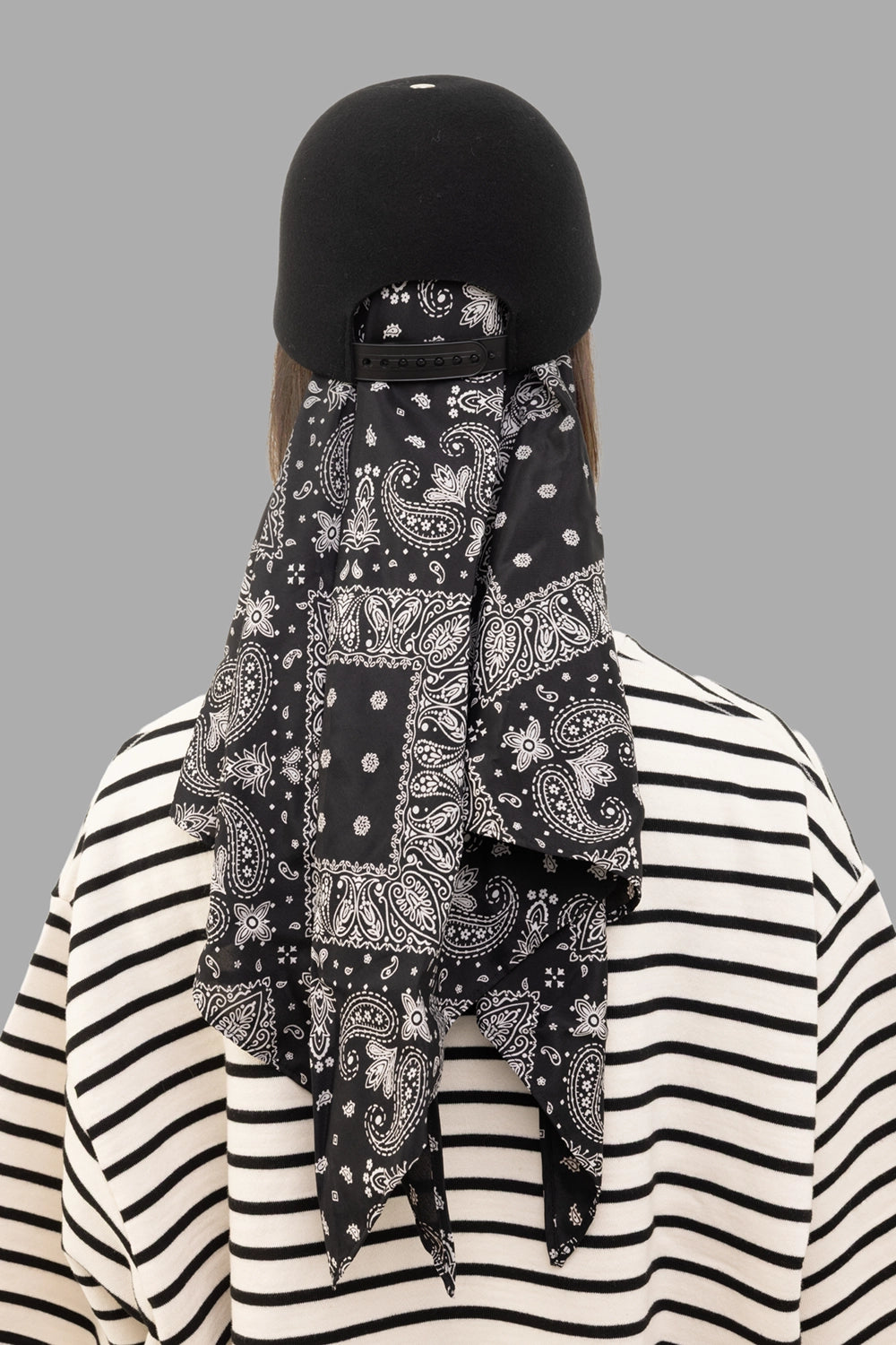 KIJIMA TAKAYUKI unisex baseball cap in black, back view, snapback strap and attached bandana scarf