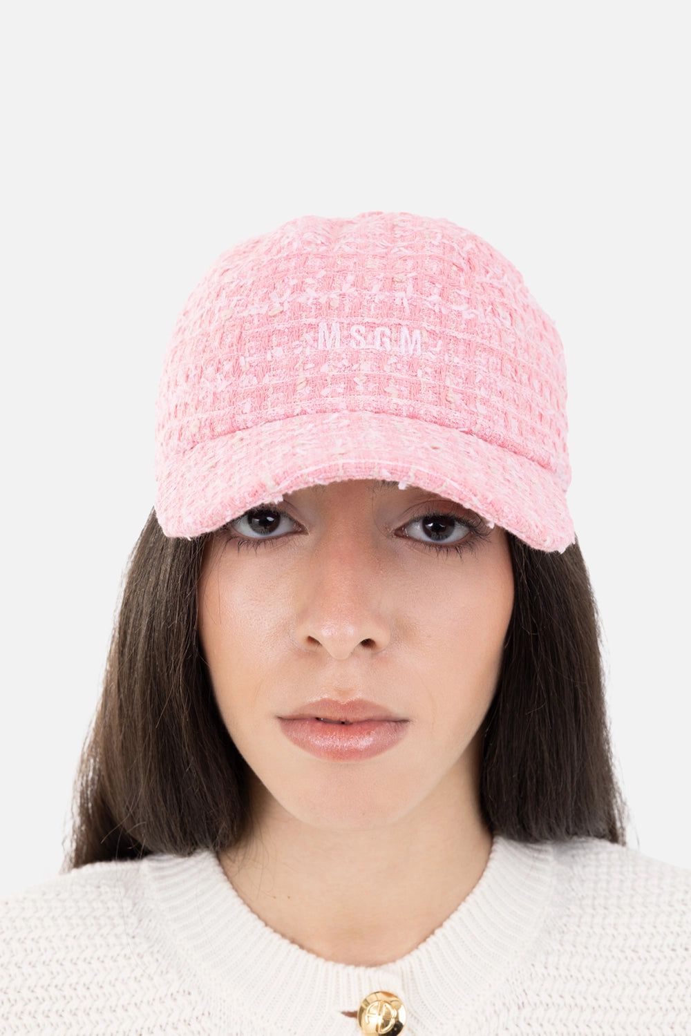MSGM women's baseball cap in pink, front view, tonal embroidered logo on textured crown
