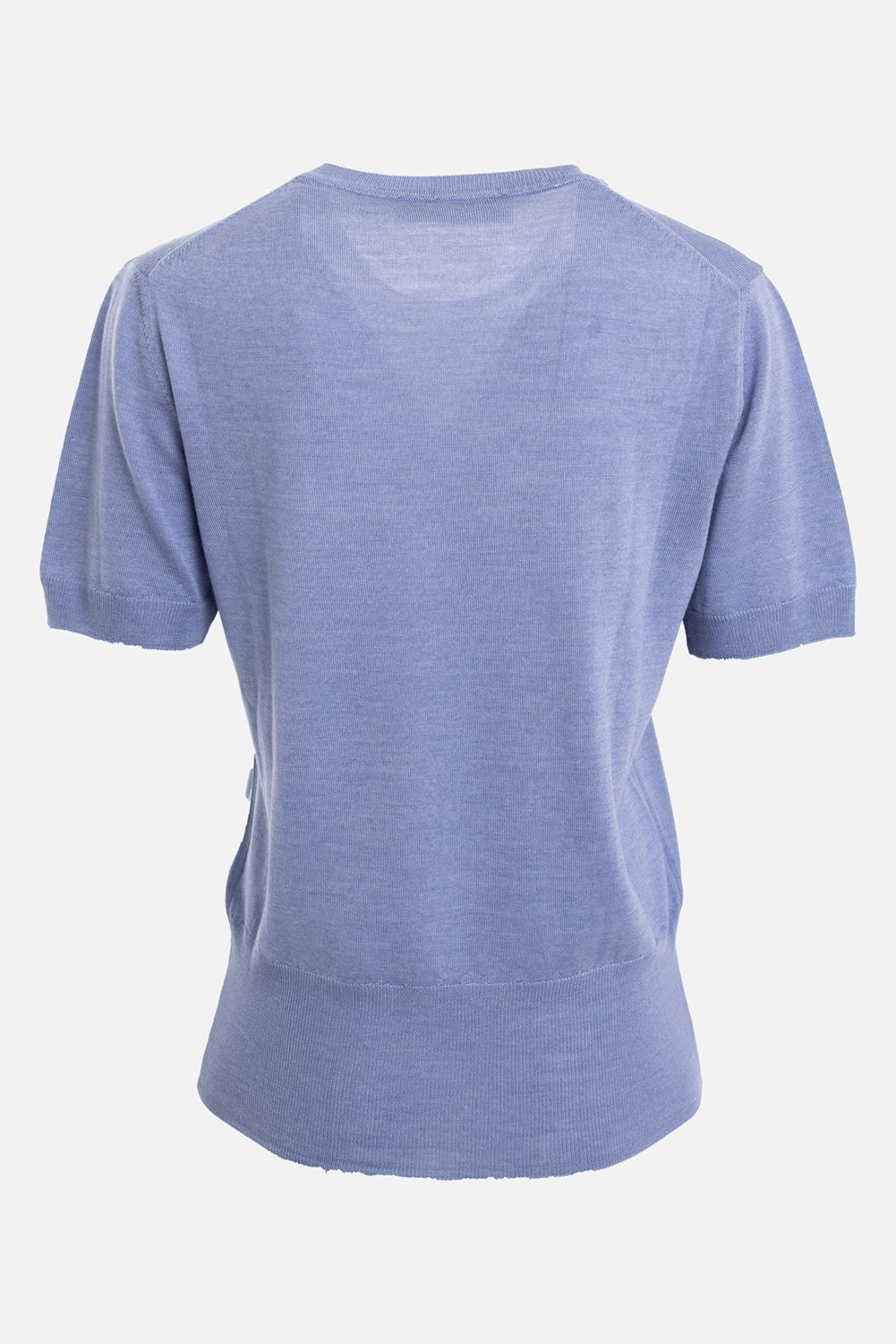 Vivienne Westwood women's Bea knit top in ice blue, back view with ribbed crew neck and wide hem