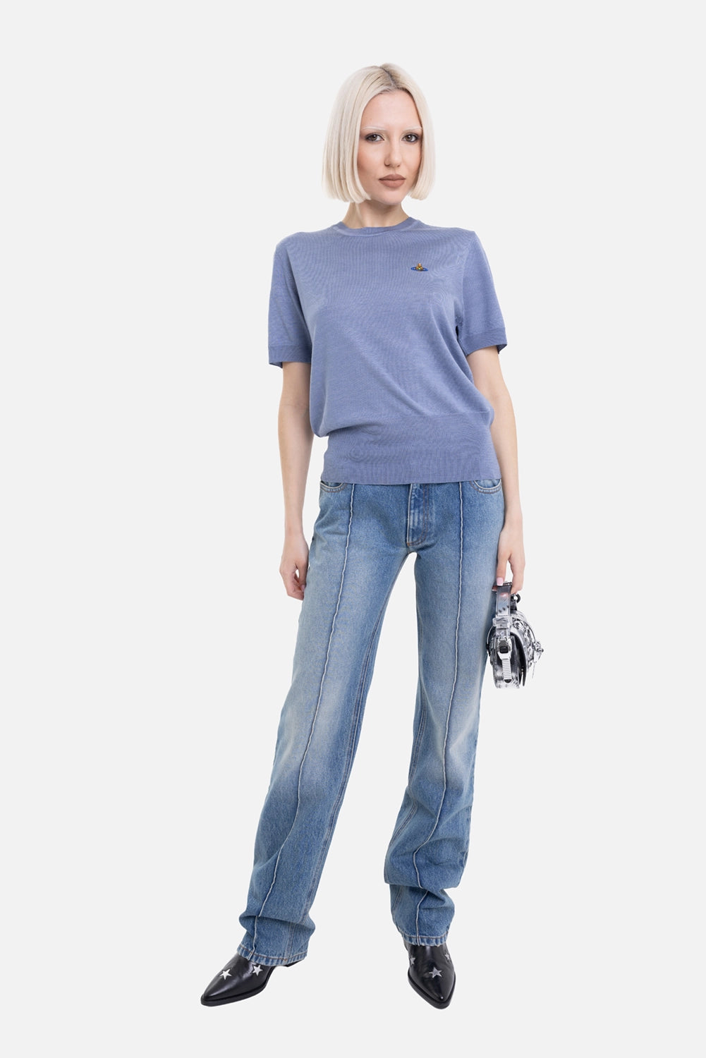Vivienne Westwood women's Bea knit top in ice blue, on-model full-length with ribbed hem and short sleeves