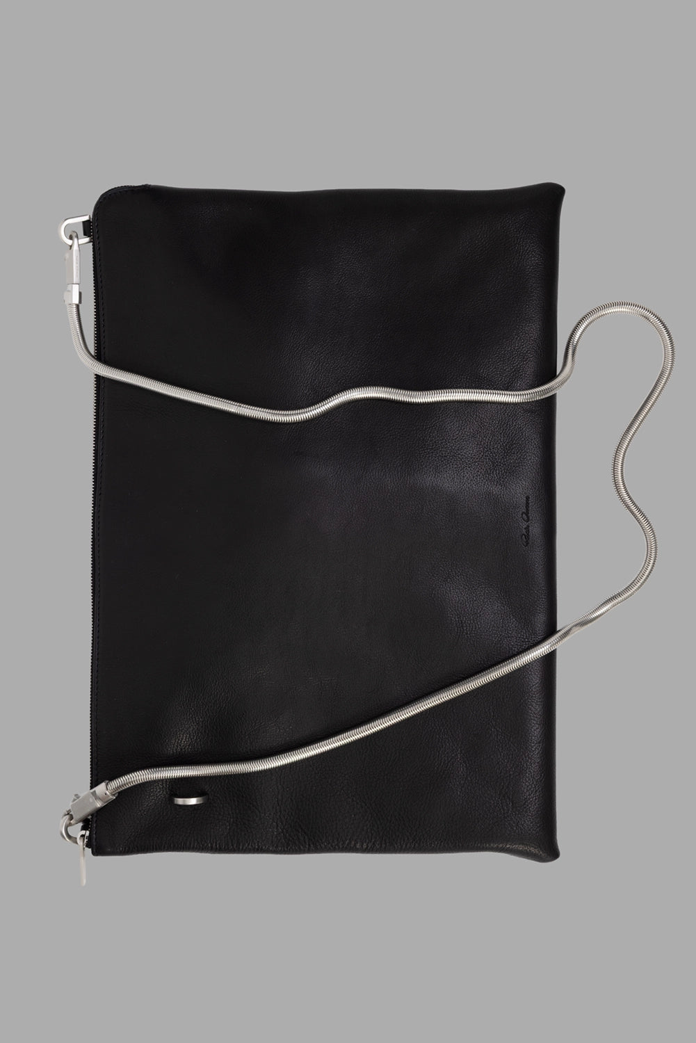 Rick Owens beach bag in black, front view laid flat, long silver chain draped across