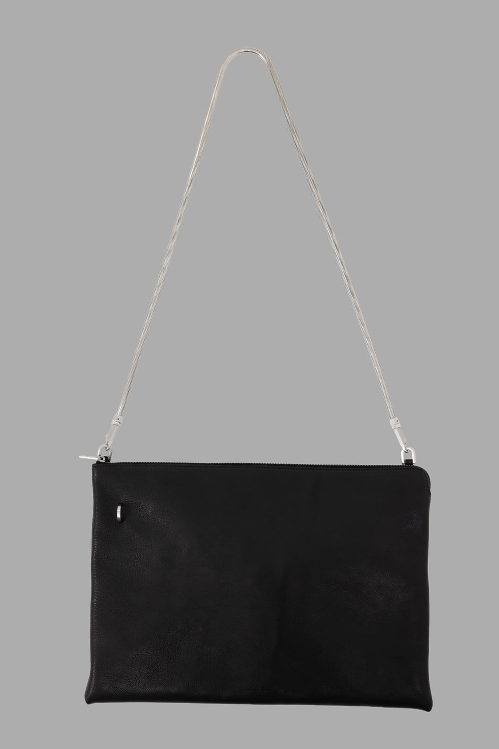 Rick Owens beach bag in black, front view, silver snake-chain strap and top zip