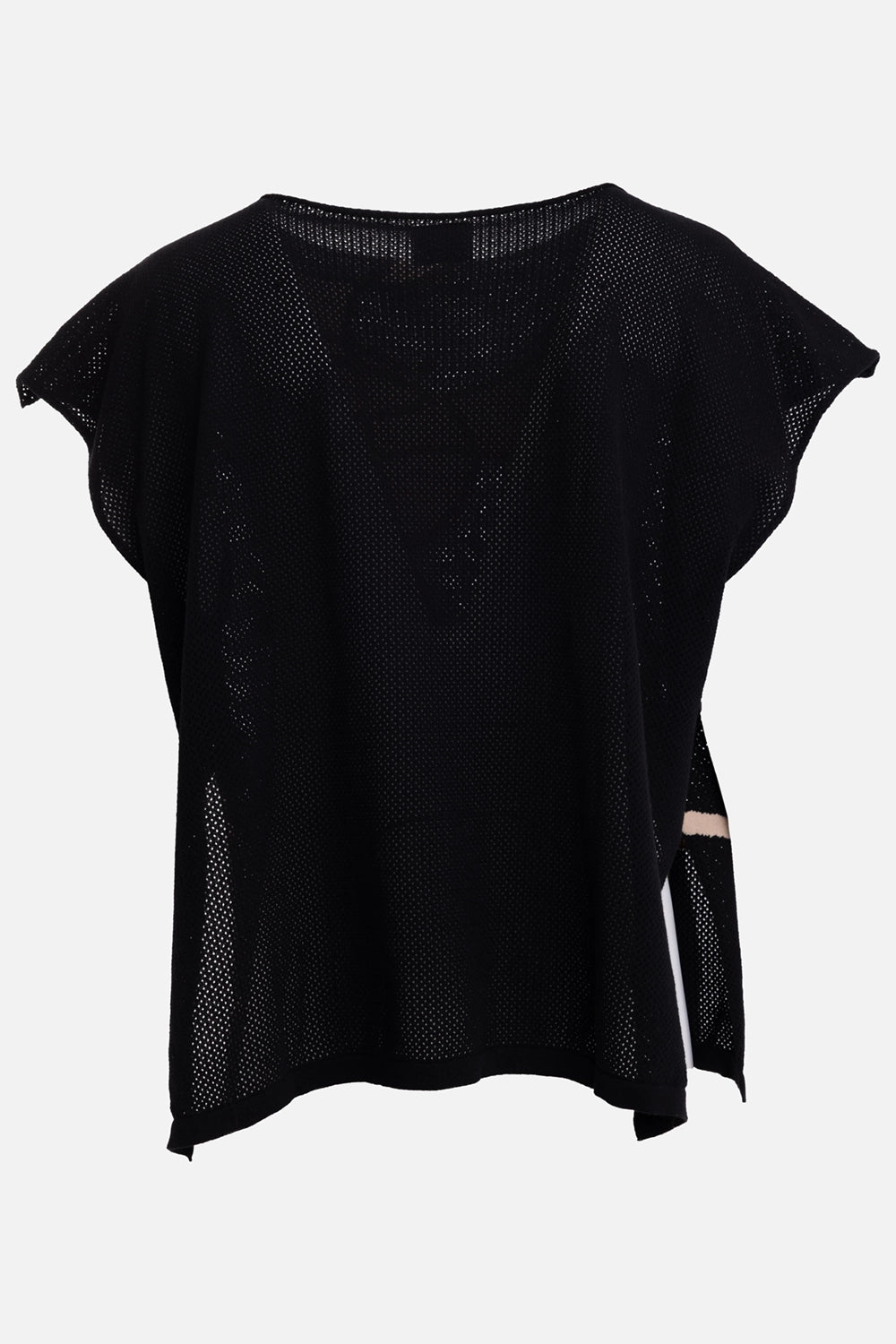 Vivienne Westwood unisex beach top in black, back view, open-knit finish, side slit and stepped hem
