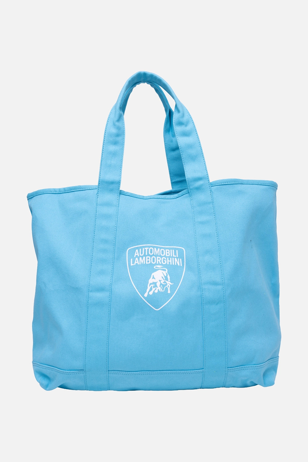 Orlebar Brown unisex beach tote bag in Synth Blue, front view, Automobili Lamborghini shield logo print