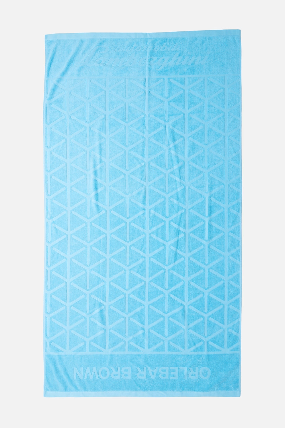 Orlebar Brown unisex beach towel in Synth Blue, front view, jacquard reticolo pattern with logo borders