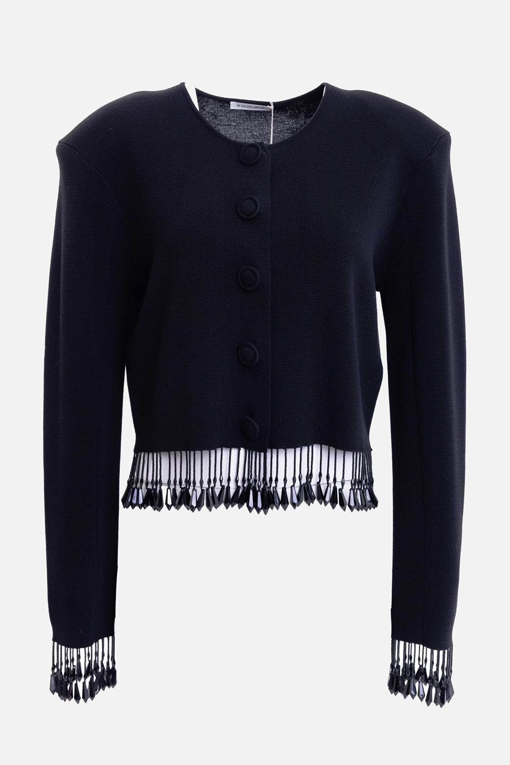 By Malene Birger women's black cardigan, front view with covered buttons and beaded tassel trim