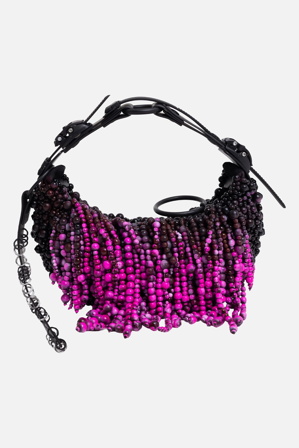 Innerraum unisex beaded half-moon bag in black, front view with purple beaded fringe and ring detail