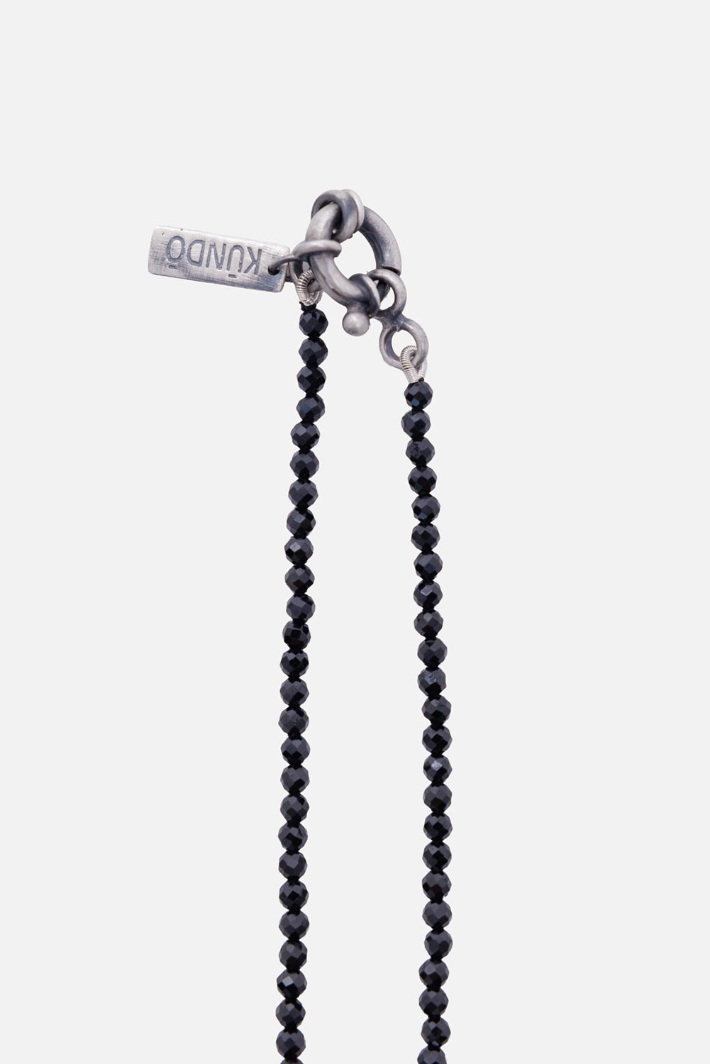 Kundo unisex beaded pendant necklace in black, clasp detail with spring-ring fastening and engraved logo tag