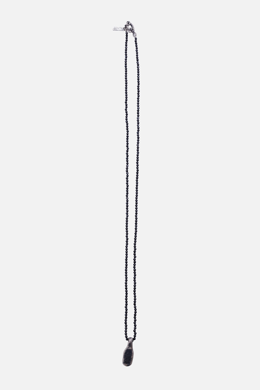 Kundo unisex beaded pendant necklace in black, front view with faceted bead strand and silver-tone drop pendant
