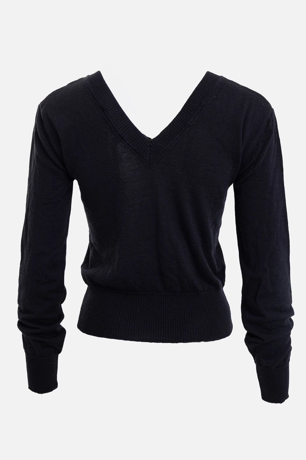 Vivienne Westwood women's V-neck jumper in black, back view with plain knit body and ribbed hem