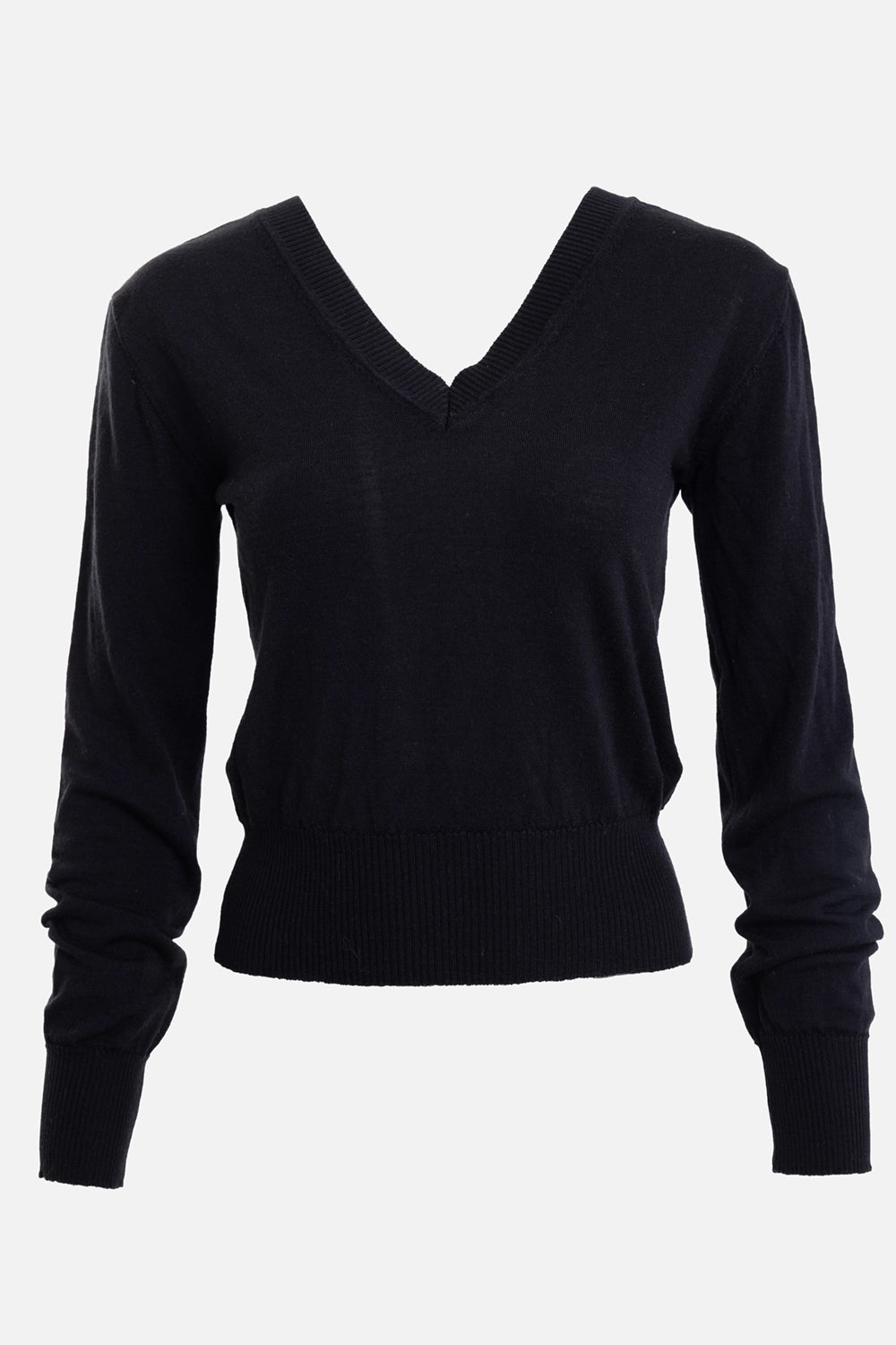 Vivienne Westwood women's V-neck jumper in black, front view with ribbed neckline and wide hem