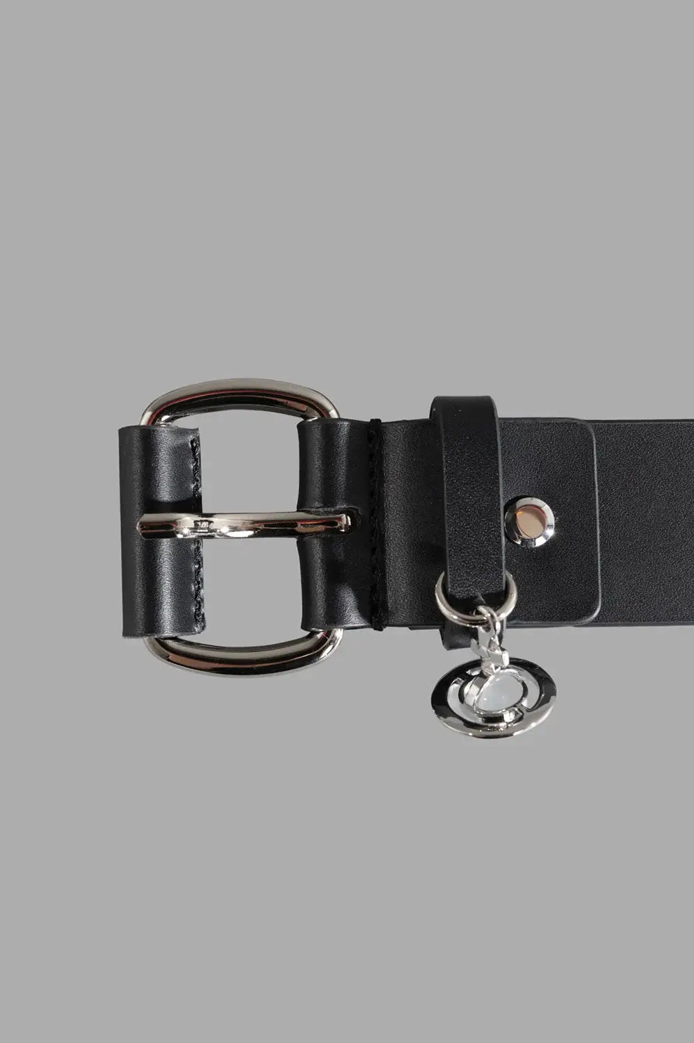 Vivienne Westwood belt in black, hardware close-up, silver double-ring buckle with Orb charm.