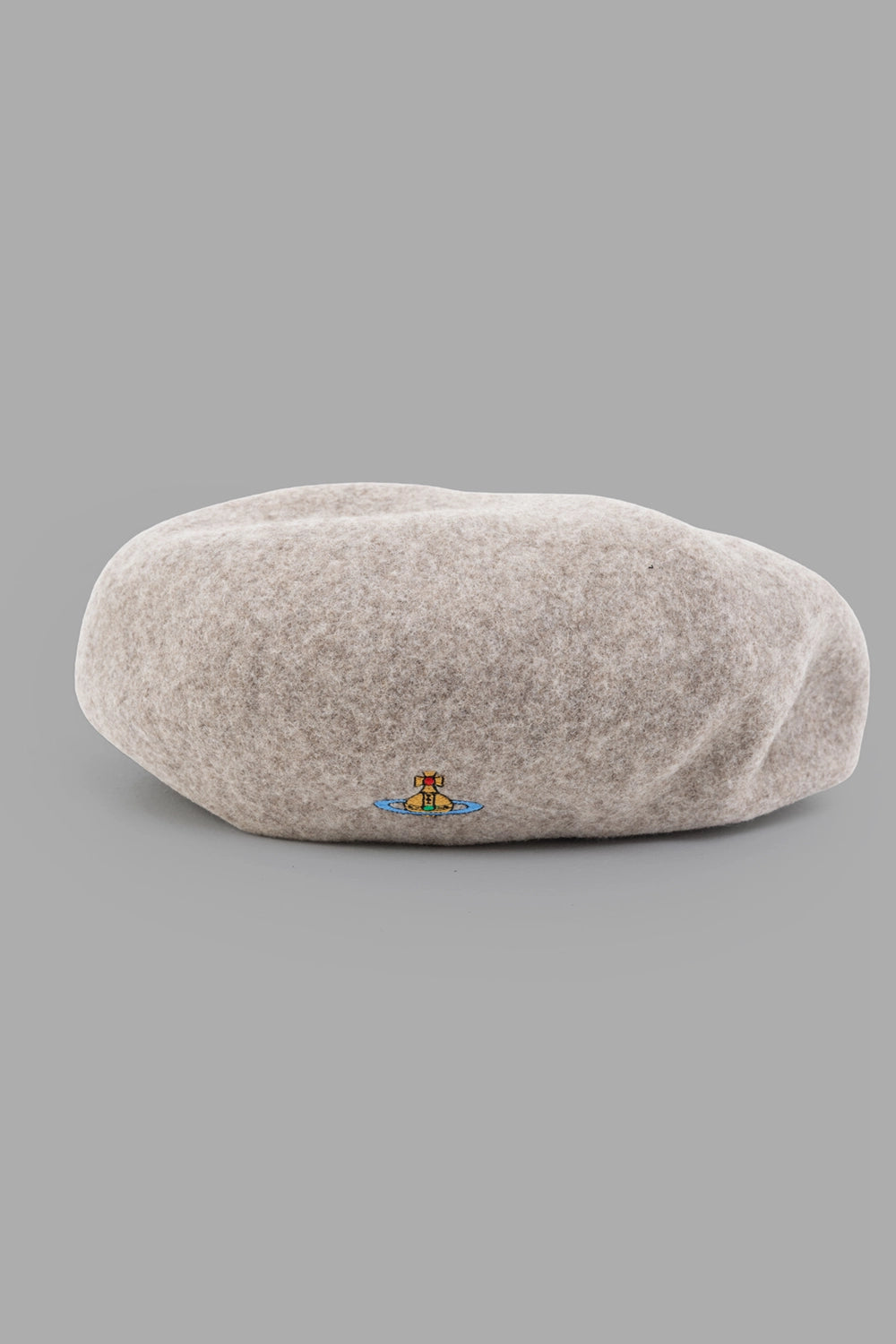 Vivienne Westwood beret in mocha, front view, small multicolour Orb embroidery