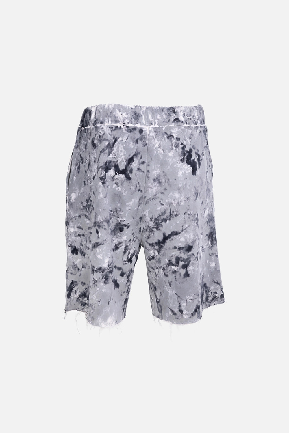 Avant Toi men's bermuda shorts in grey, back view, raw-cut hem with abstract marbled print