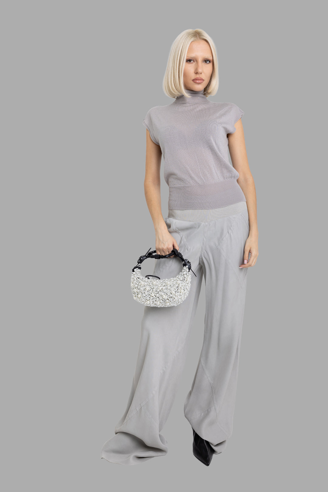 Rick Owens women's pearl Bias pants, on-model full-length front view with ribbed waistband and floor-pooling wide legs