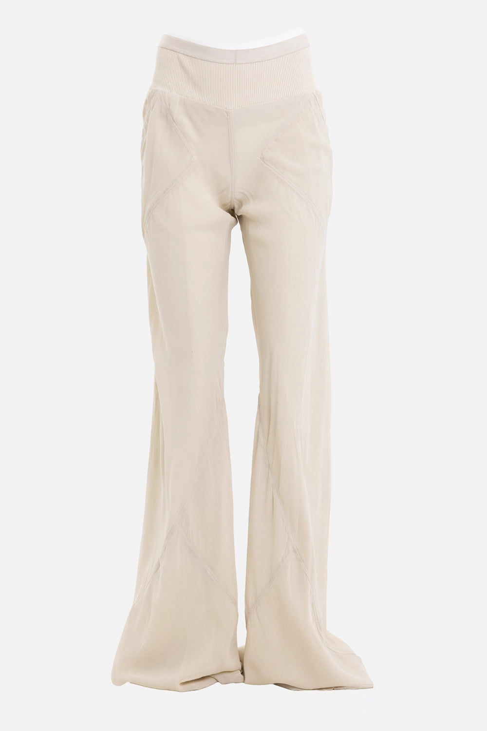 Rick Owens women's Bias pants in Sand, front view, diagonal seams and raw pooling hems