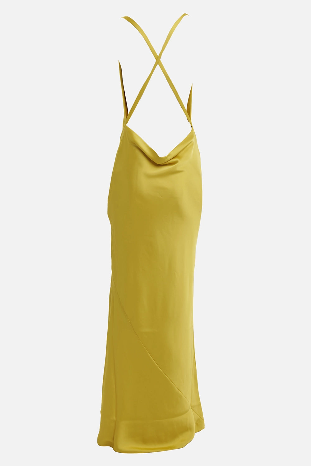 Norma Kamali women's gown in Serene Yellow, back view with open back and criss-cross straps
