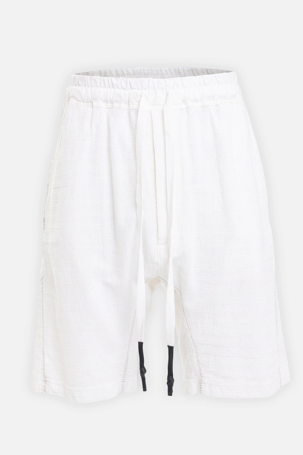 69 by Isaac Sellam men's shorts in white, front view with elastic waist, long drawstrings and black cord tips
