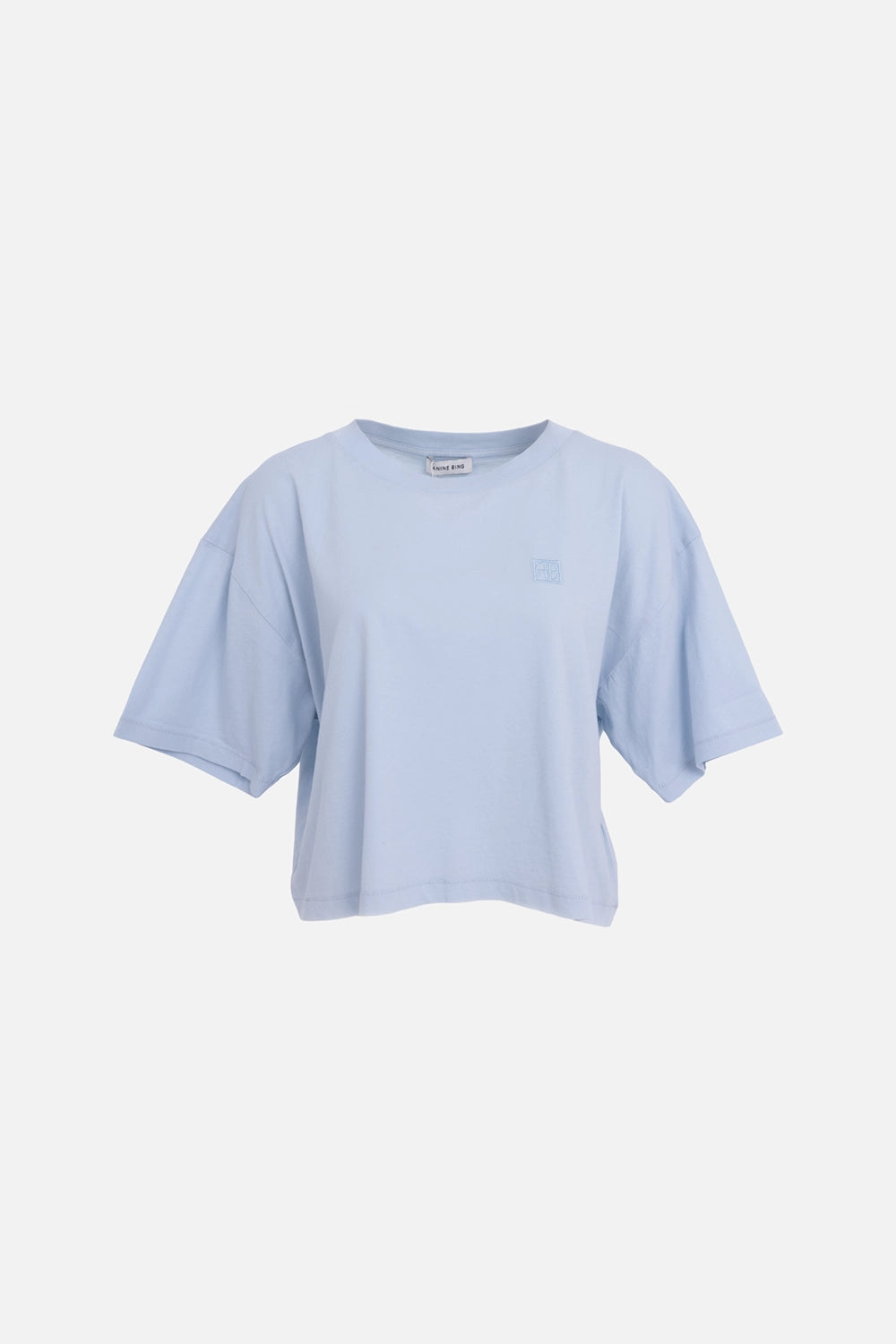 ANINE BING women's cropped t-shirt in pale blue, front view with subtle chest monogram