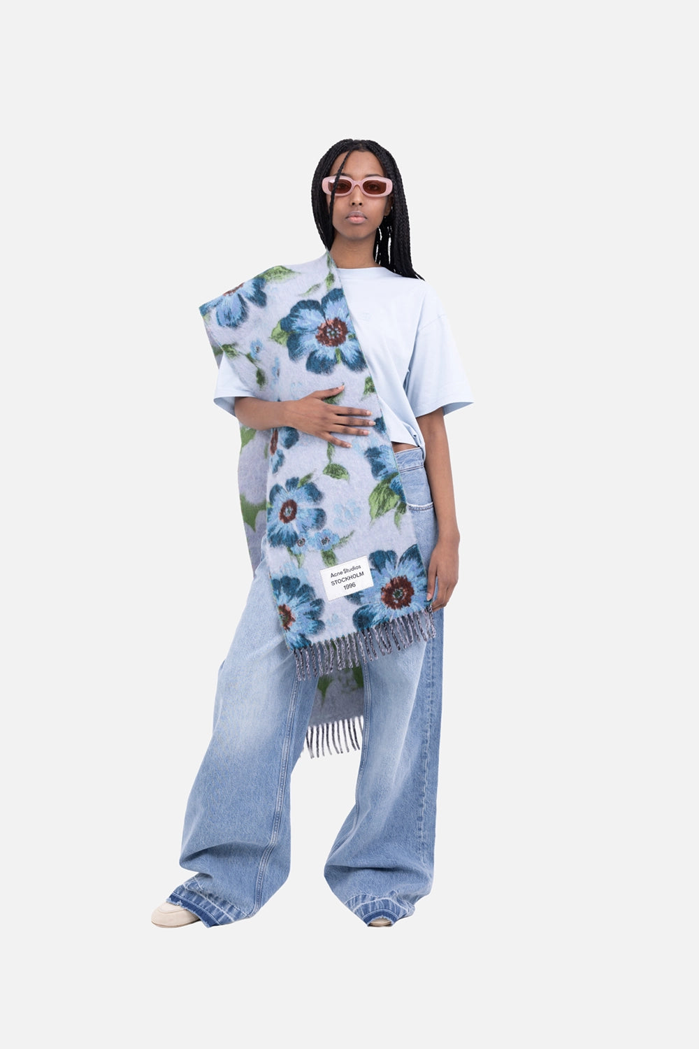 ANINE BING women's cropped t-shirt in pale blue, on-model fit with short sleeves