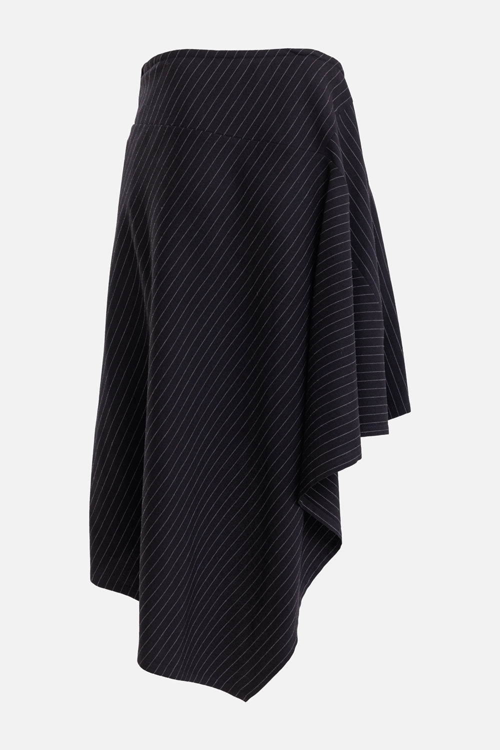 Ann Demeulemeester women's black and grey wrap skirt, back view with gathered waist and draped side panel