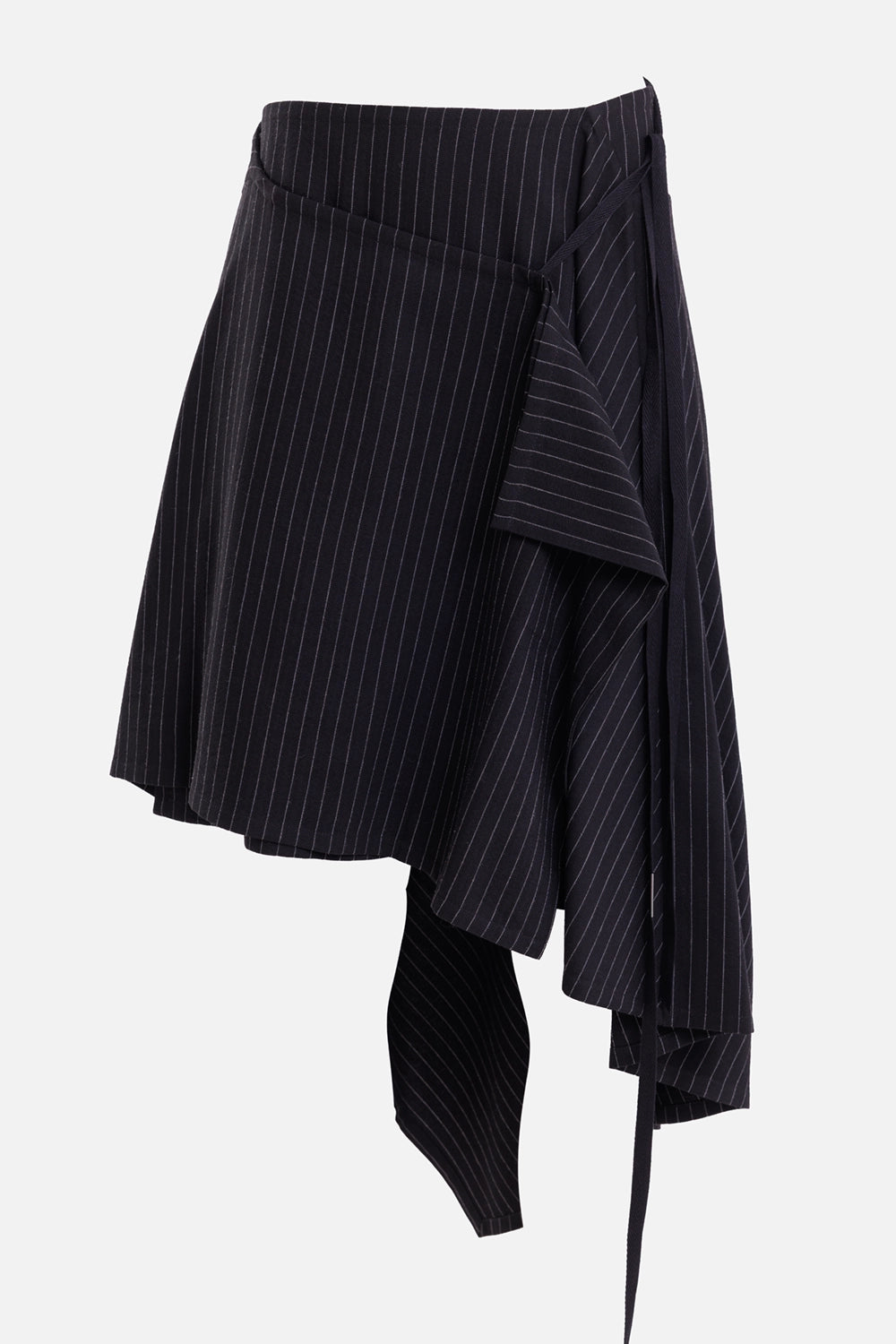Ann Demeulemeester women's black and grey wrap skirt, front view with layered panel and long grosgrain tie