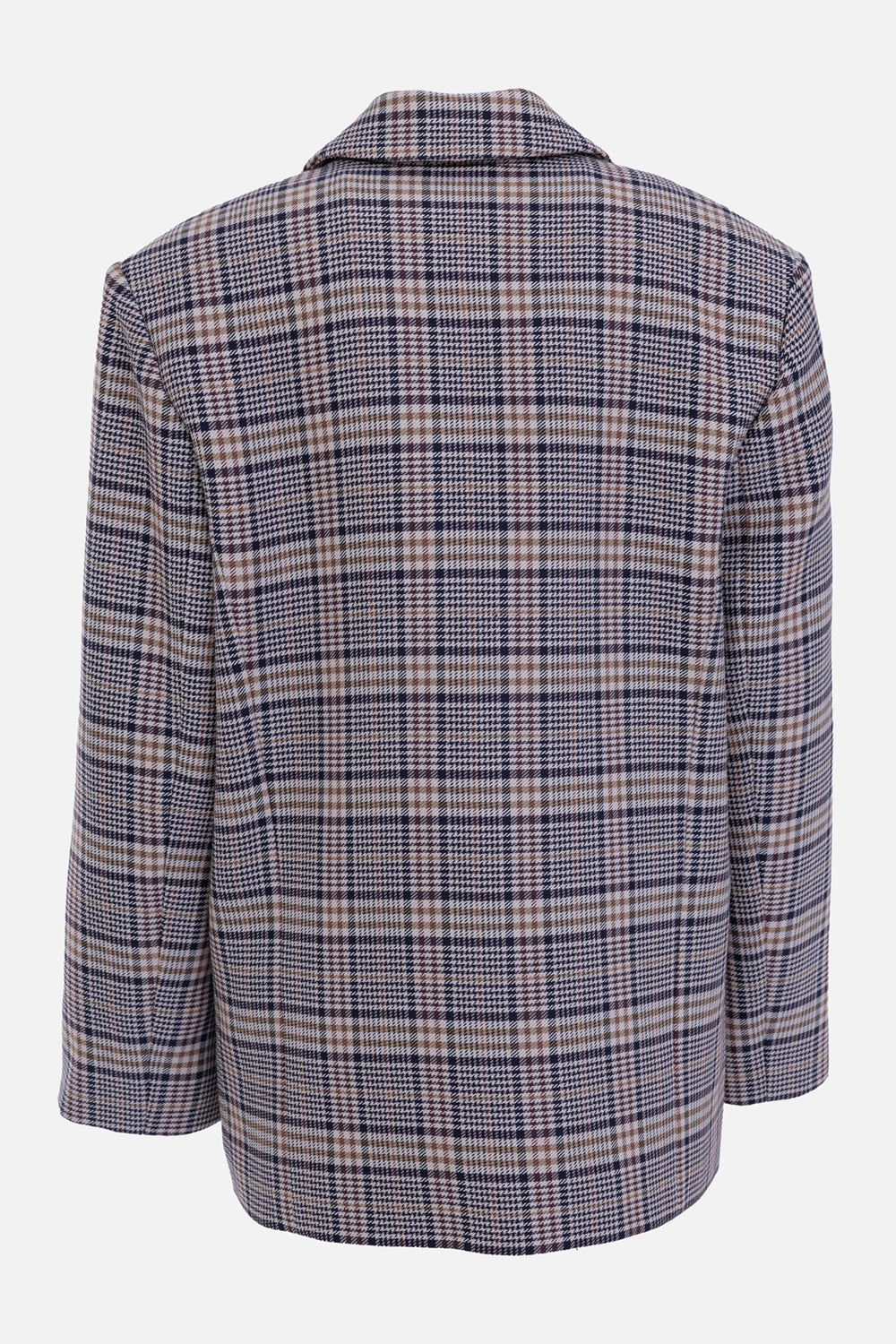 Anine Bing women's beige and navy check blazer, back view with padded shoulders and straight oversized silhouette