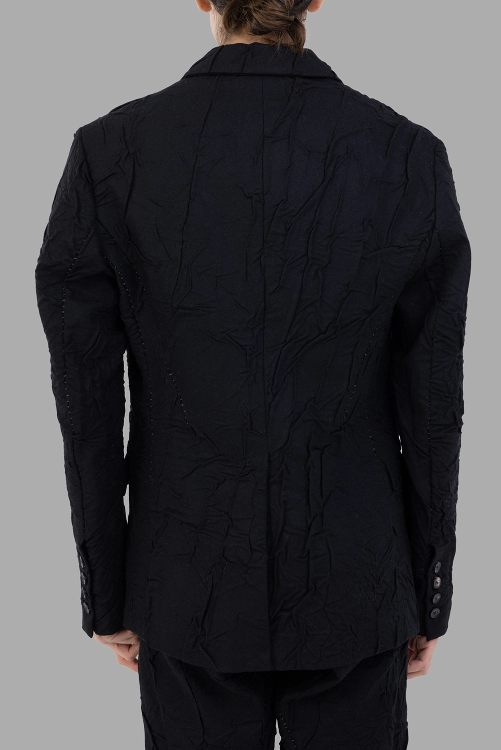 Masnada blazer in black, back view, single vent and allover crumple finish