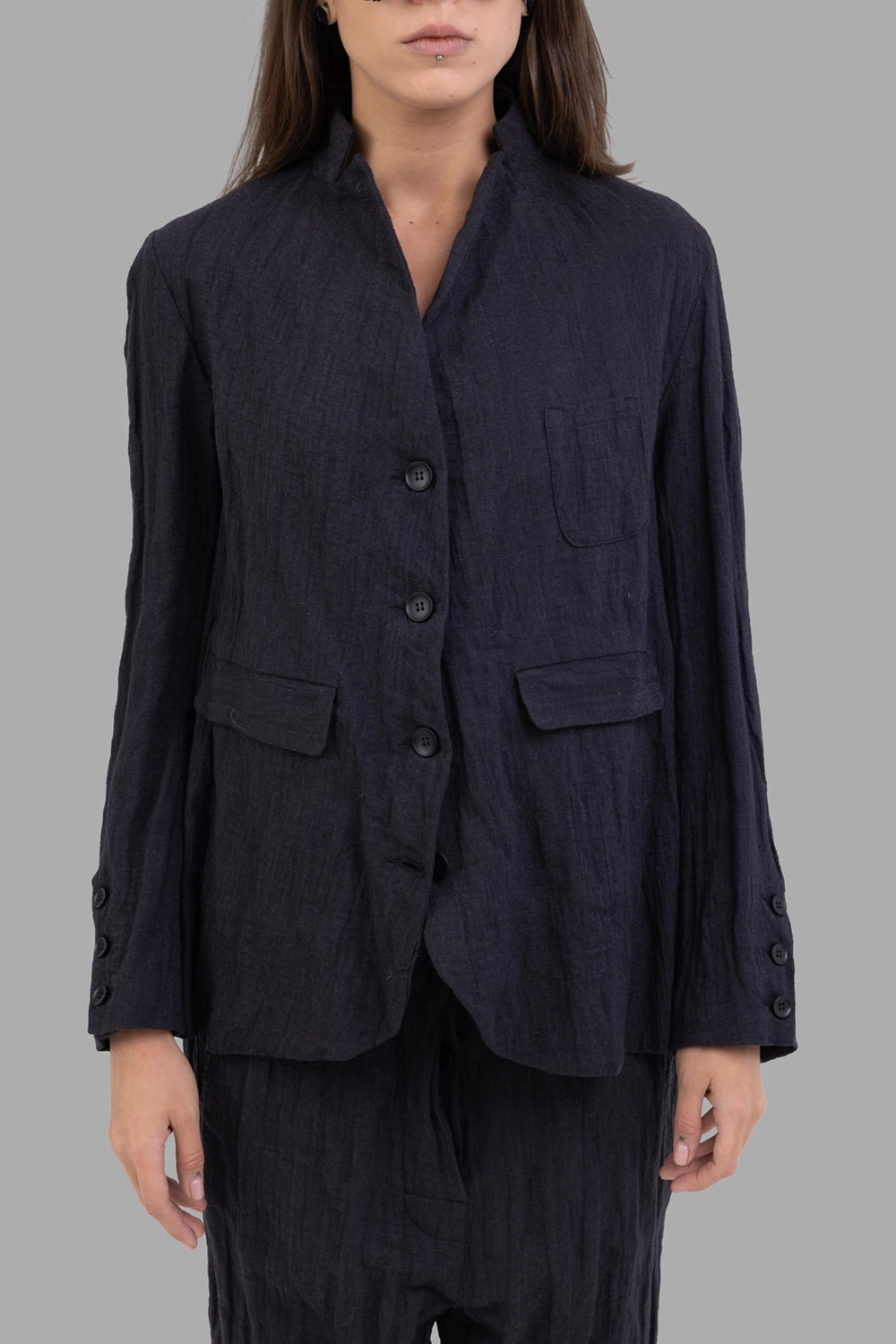 Marc Point women's blazer in black, front view, stand collar, chest pocket and flapped hip pockets