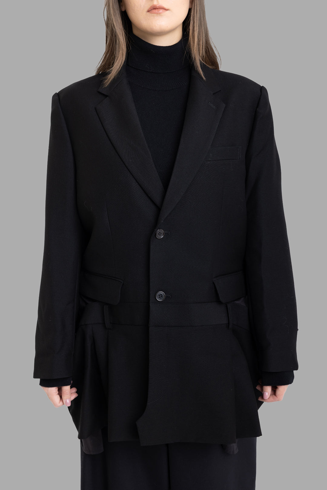 Noir Kei Ninomiya women black blazer, front view, notch lapels with faux waistband panel at hips