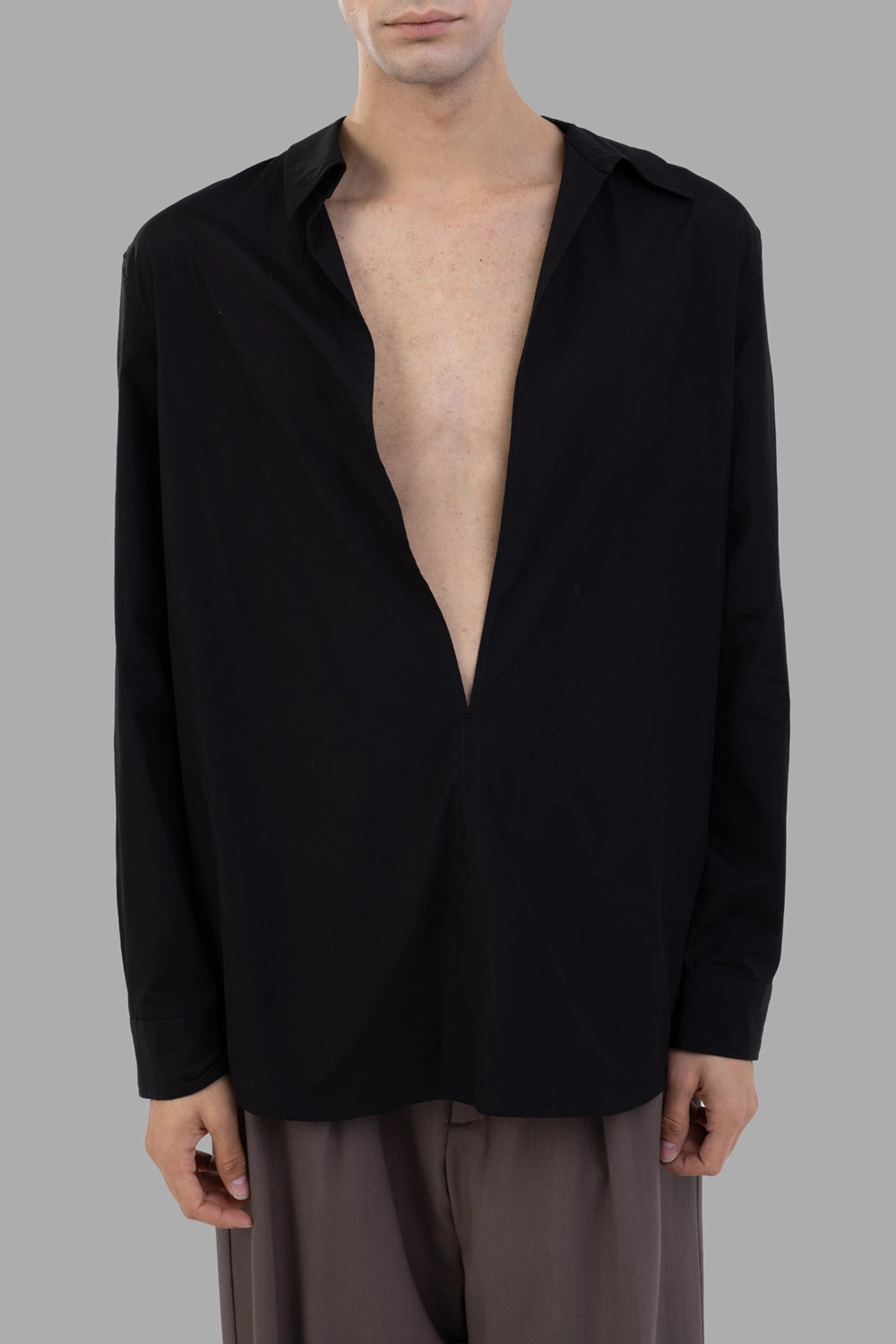 Rick Owens blazer in black, front view, studded shoulder snaps and single-button closure