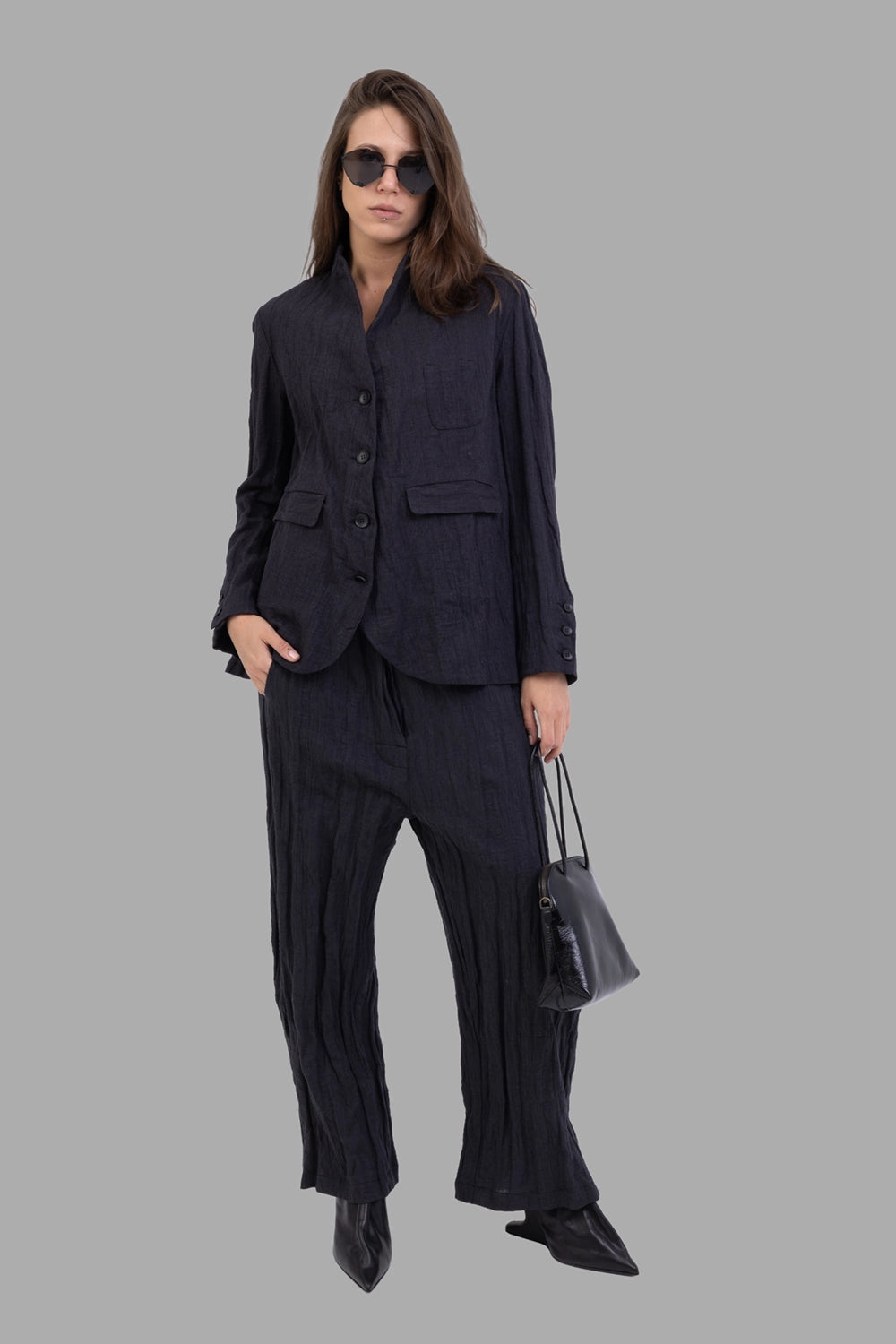 Marc Point women's blazer in black, on-model full length, crinkle texture and four-button front