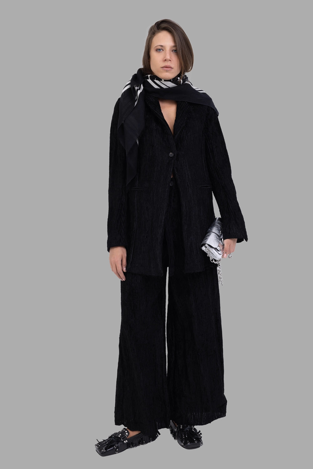 Masnada women ribbed velvet blazer in black, on-model full length, longline cut