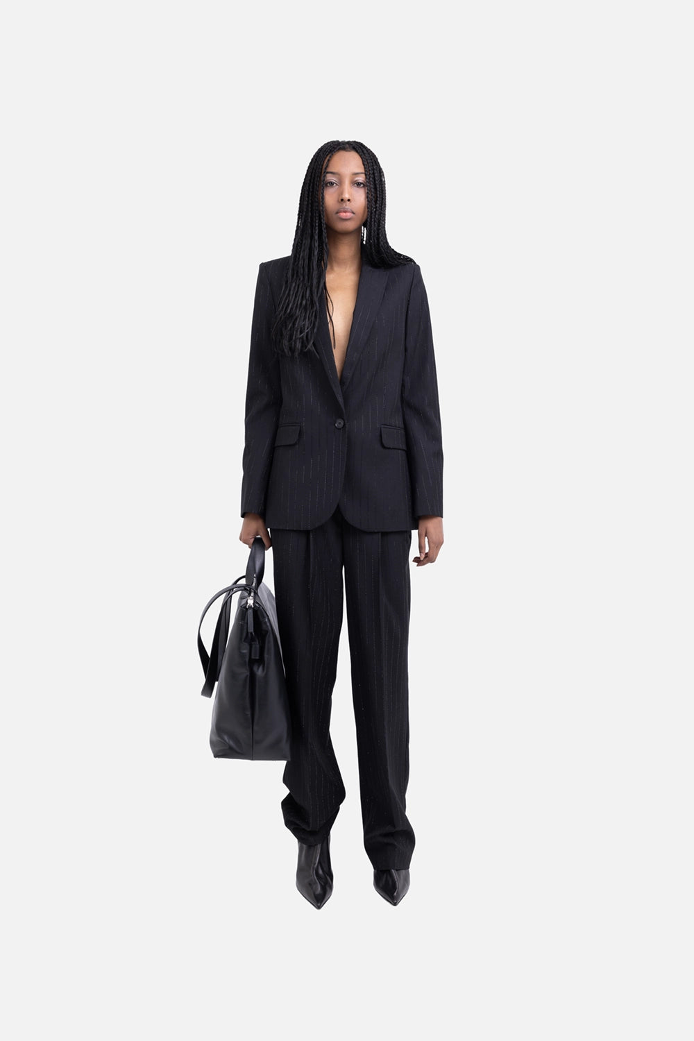 Zadig&Voltaire women blazer in black, on-model full length, single-button tailoring with rhinestone pinstripes