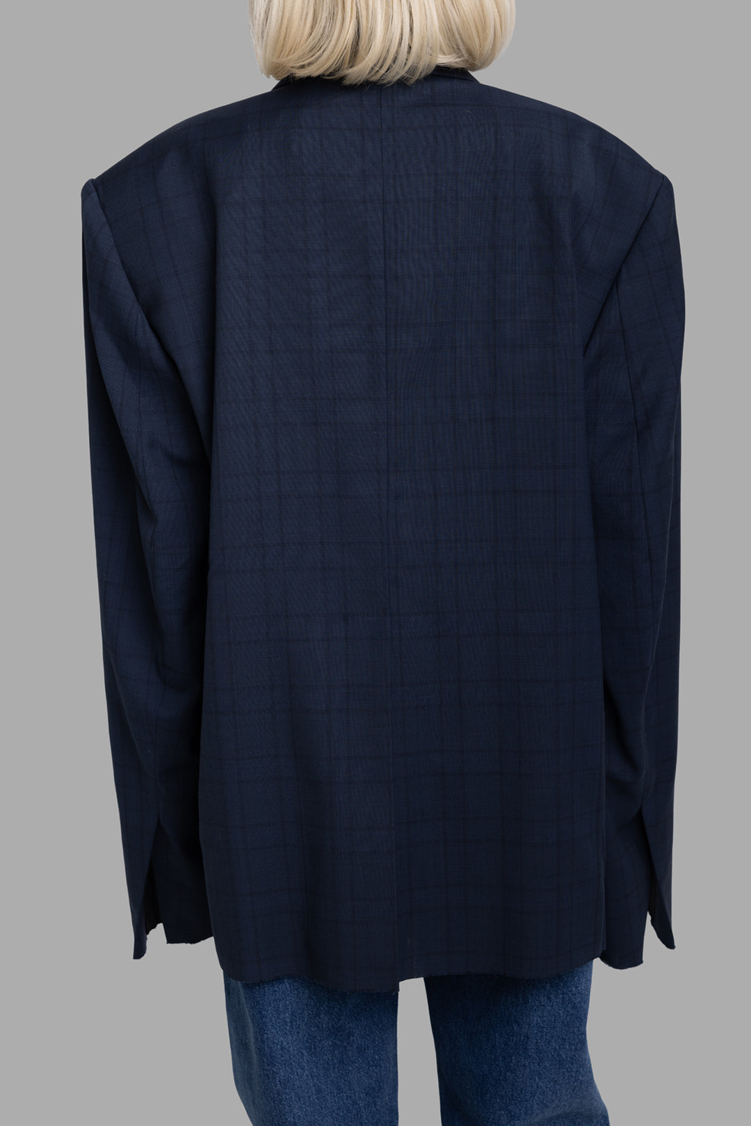 Natasha Zinko women's blue checked windowpane blazer, back view, longline cut with relaxed drape and subtle check pattern