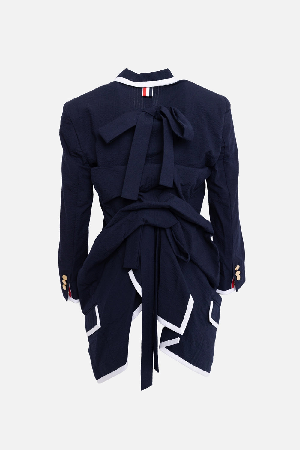 Pre-owned Thom Browne women's blazer in dark blue, back view, gathered bow detail and tricolour tab