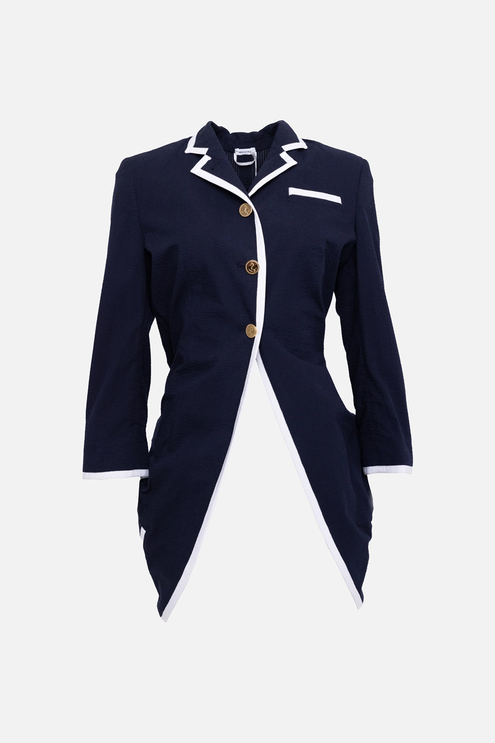 Pre-owned Thom Browne women's blazer in dark blue, front view, white grosgrain trim and gold buttons