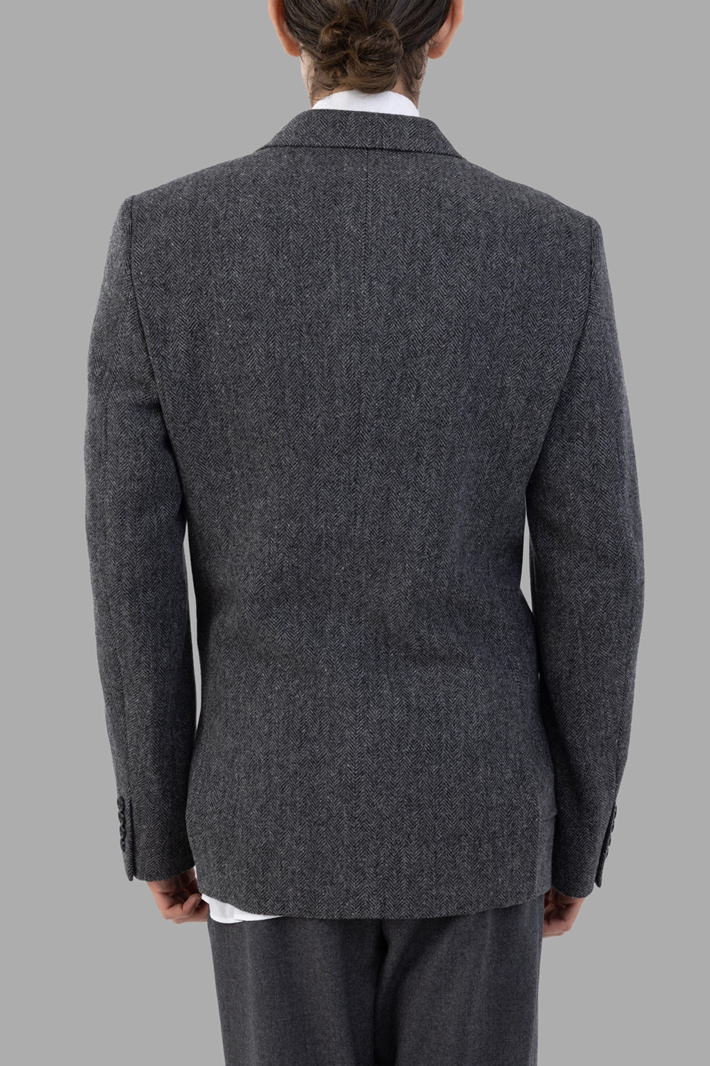 Comme des Garçons blazer in grey herringbone, back view, clean back panel