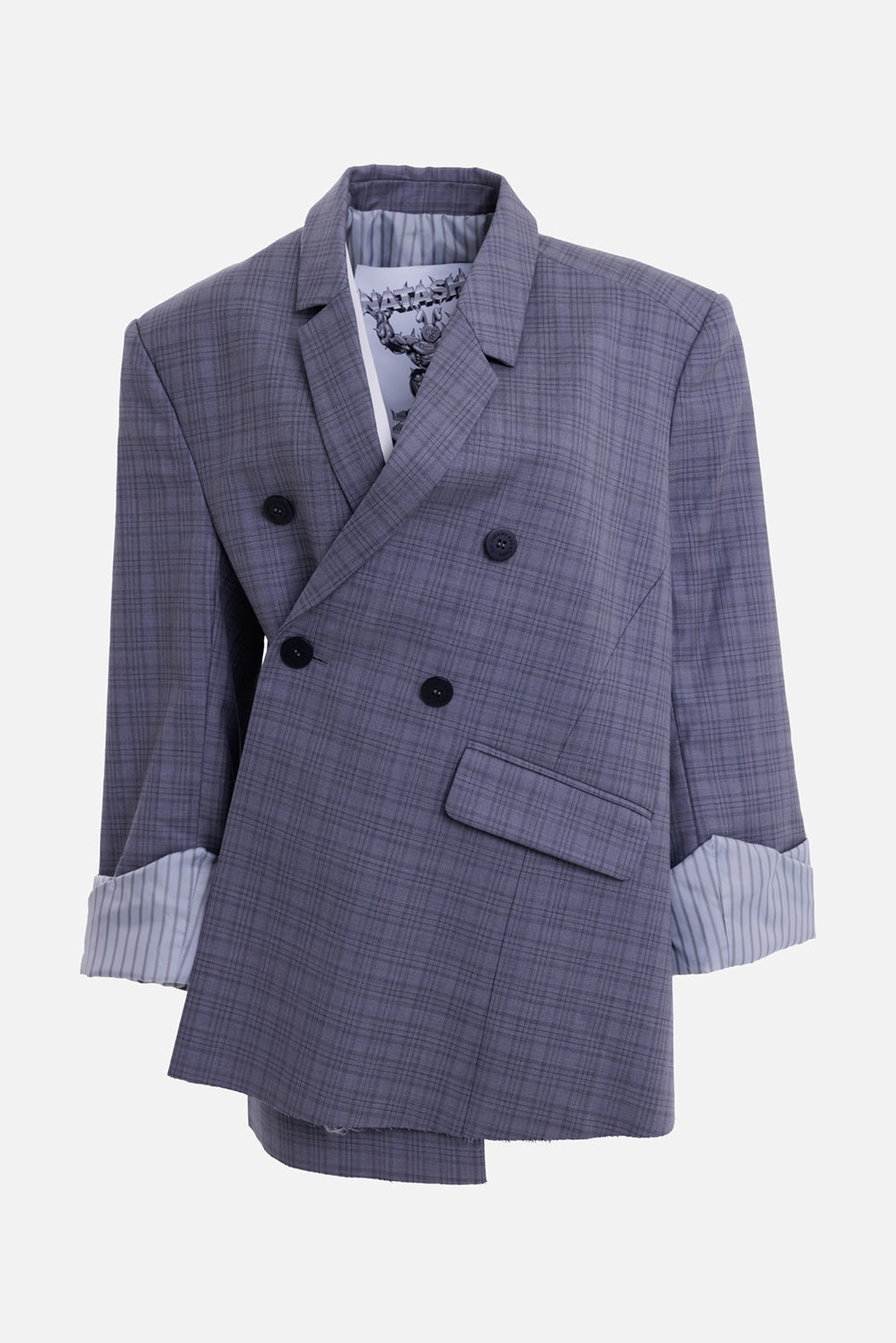 Natasha Zinko women's grey checked blazer, front view with padded shoulders and offset black buttons