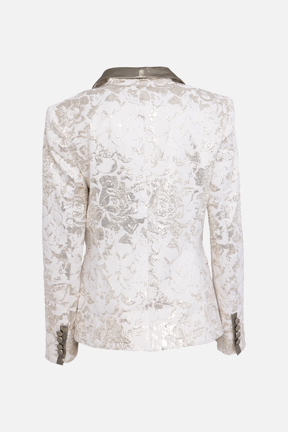 Pre-owned Redemption women's blazer in ivory and gold, back view, floral jacquard pattern across the body