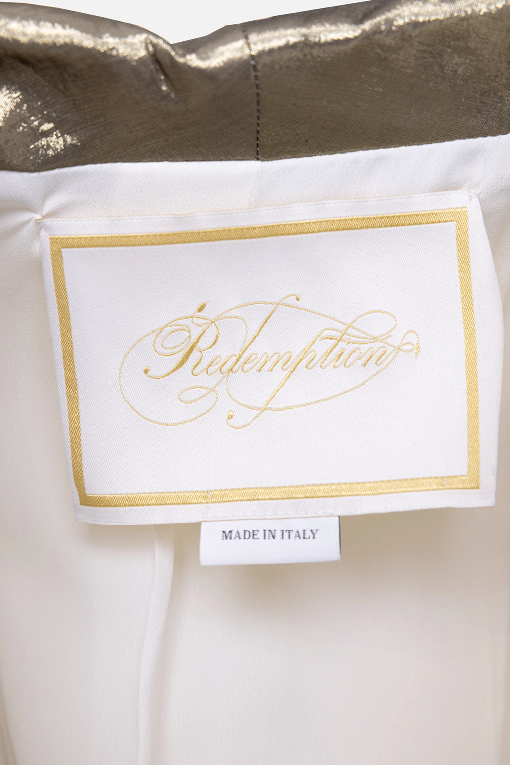Pre-owned Redemption women's blazer in ivory and gold, interior label close-up, embroidered Redemption tag and Made in Italy