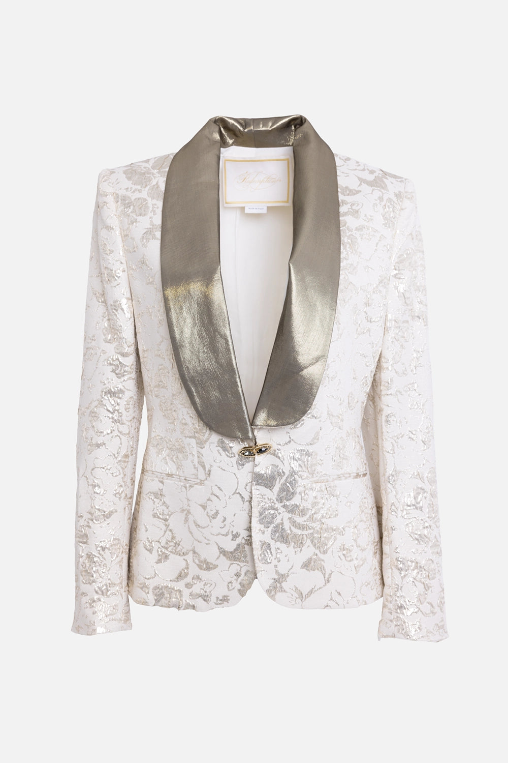 Pre-owned Redemption women's blazer in ivory and gold, front view, metallic shawl collar and jewel clasp closure