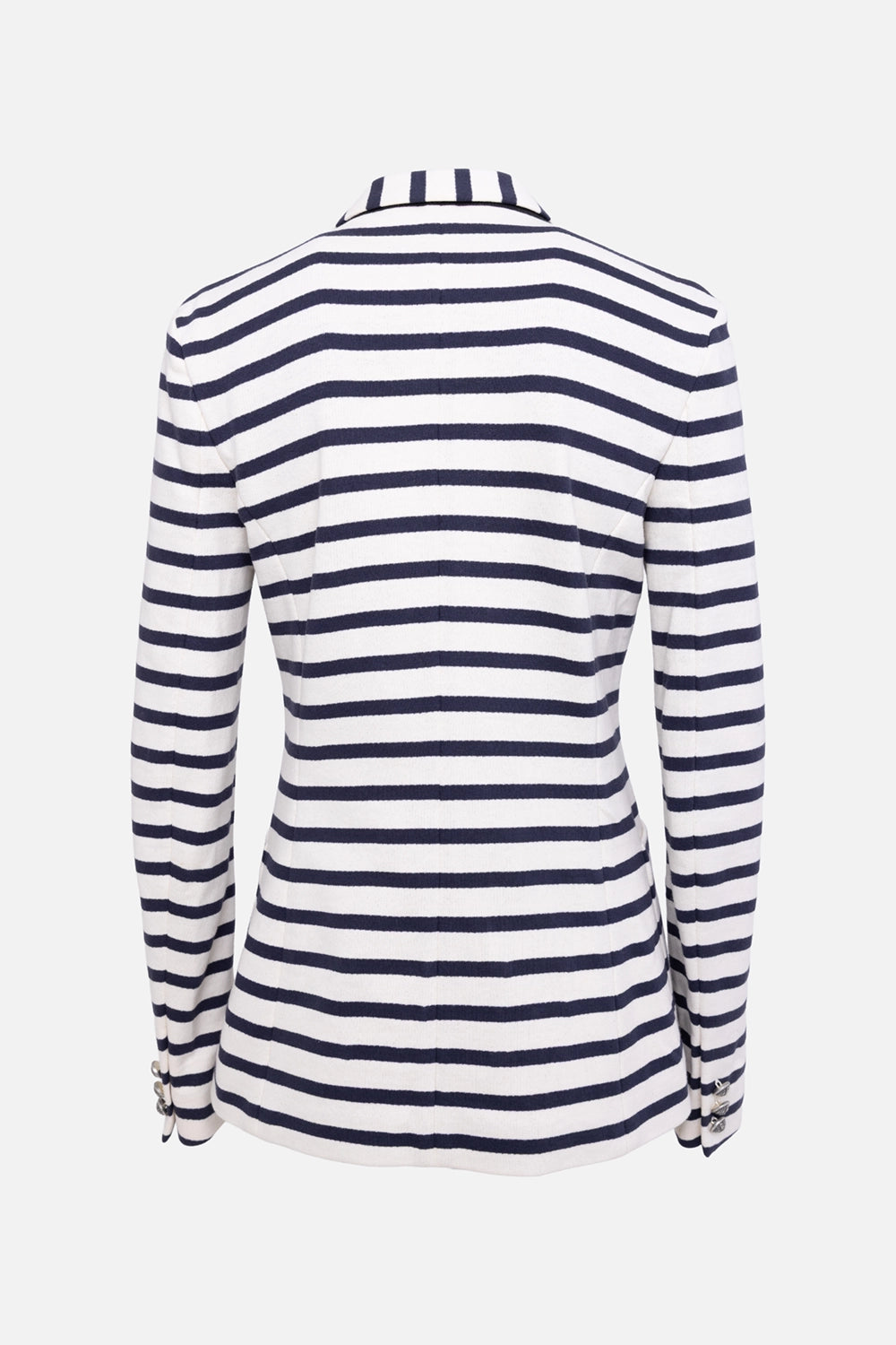 Pre-owned Faith Connexion women's blazer in ivory/navy, back view, horizontal stripes and tailored waist seams