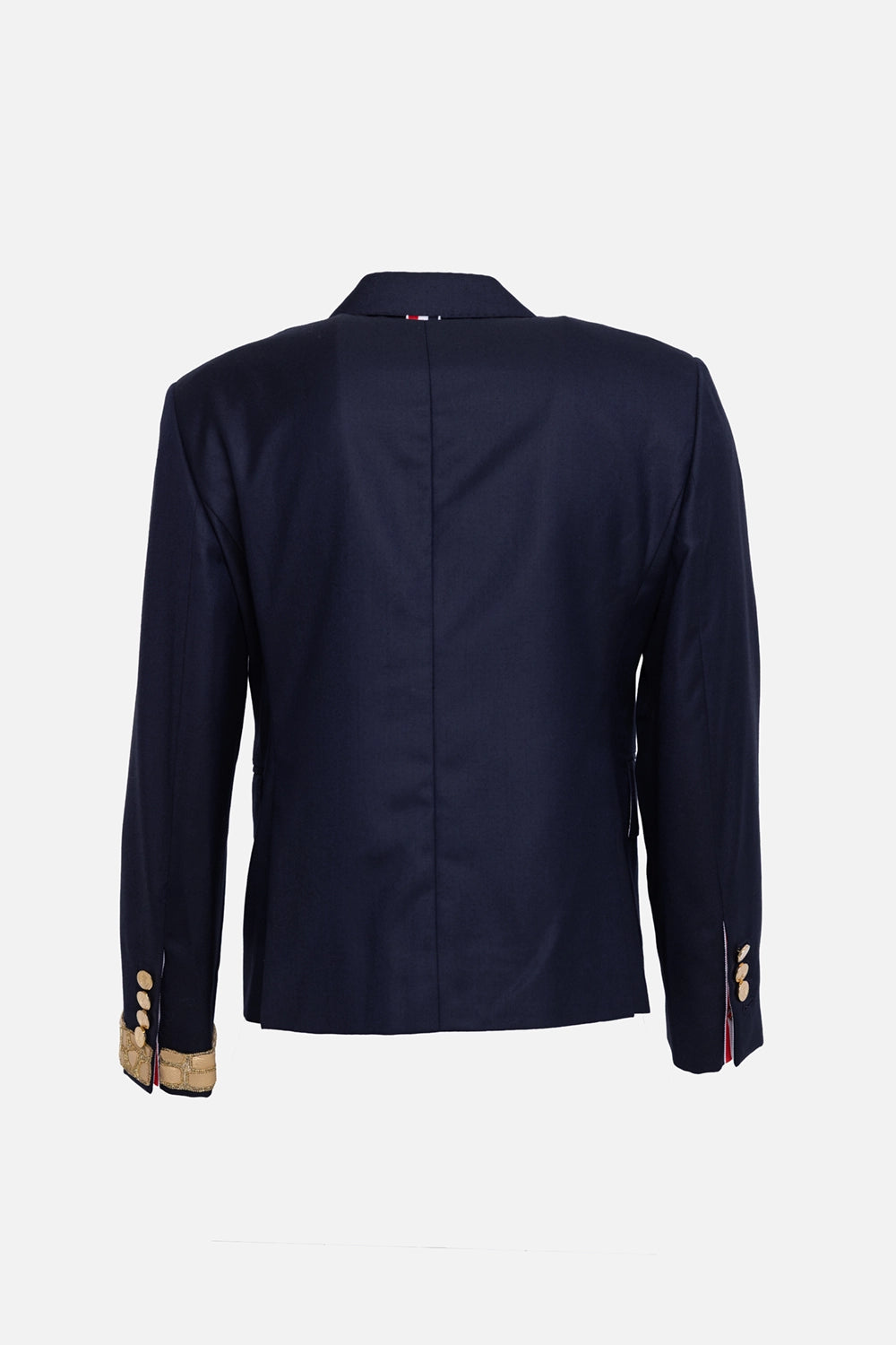 Pre-owned Thom Browne blazer in navy, back view, clean center seam with striped cuff vents