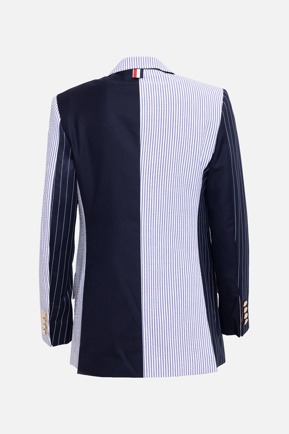 Pre-owned Thom Browne women's blazer in navy, back view, split-panel design with contrast striped section