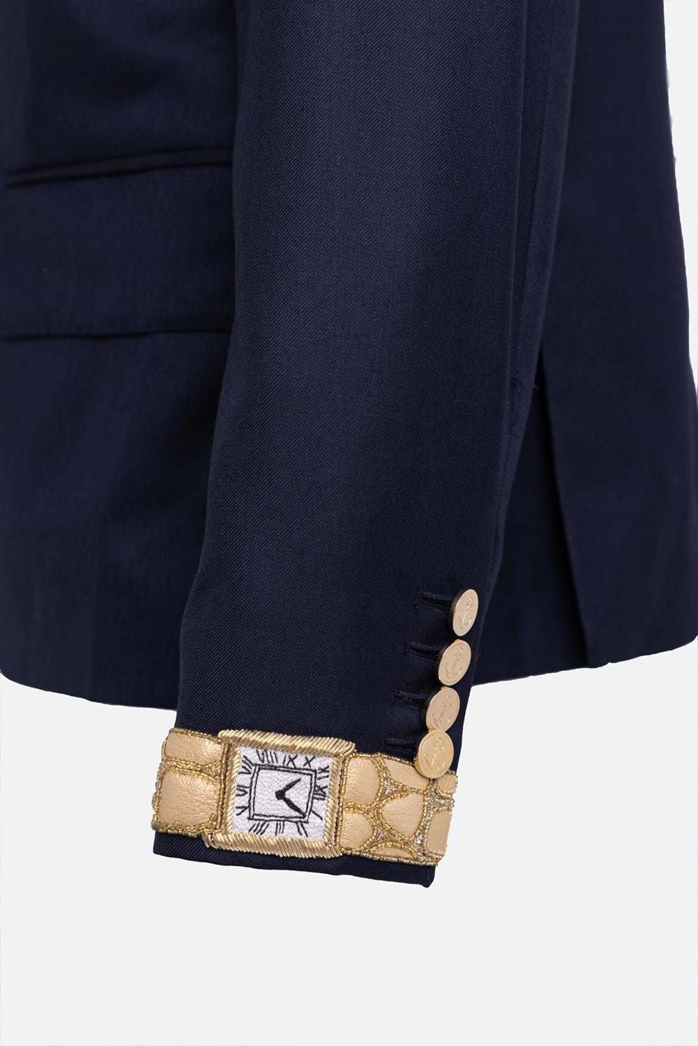 Pre-owned Thom Browne blazer in navy, cuff detail, wristwatch appliqué and gold-tone sleeve buttons