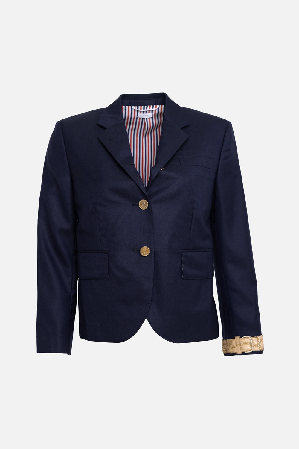 Pre-owned Thom Browne blazer in navy, front view, gold-tone buttons and flap pockets