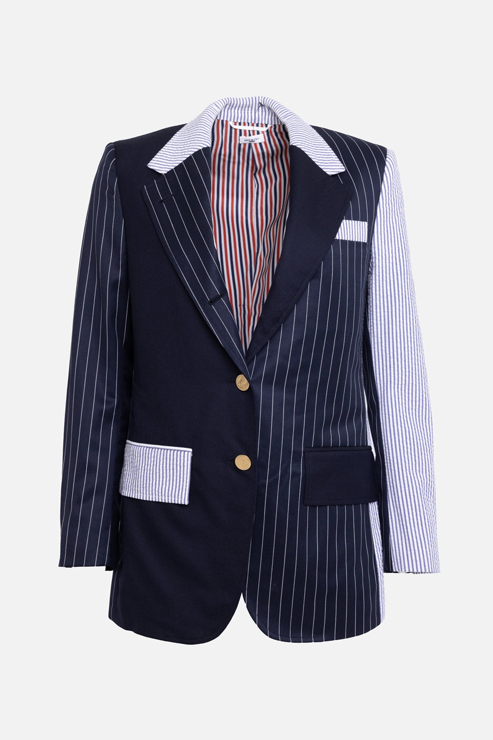 Pre-owned Thom Browne women's blazer in navy, front view, patchwork stripes with gold anchor buttons