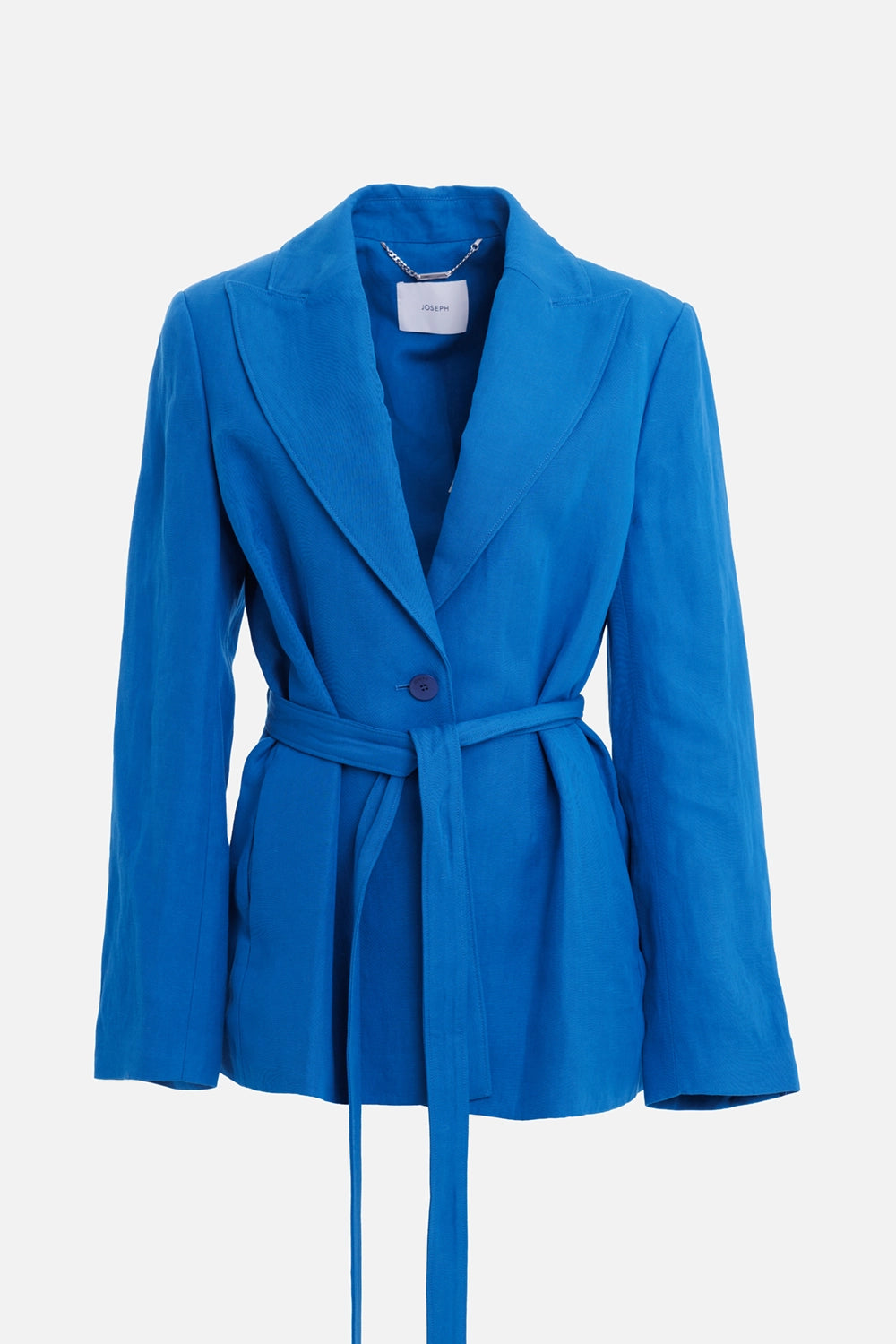 JOSEPH women's blazer in Siam Blue, front view with notch lapels, self-tie belt and single-button closure