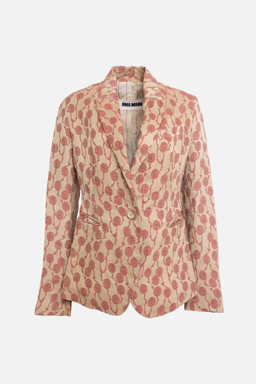 Pre-owned Uma Wang women’s blazer in tan/red, front view, single-button closure and red floral print